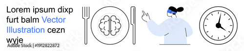 Mental health, nutrition, time management, mindful eating, healthy lifestyle, cognitive development. Fork, knife brain on plate person pointing clock. Mental health and nutrition concept