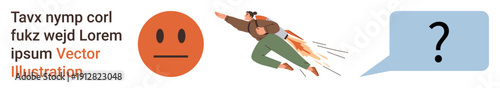 Technology, digital communication, emotions, problem-solving, futuristic concepts, creativity. Orange neutral face, person flying with rocket and question mark in a speech bubble. Technology