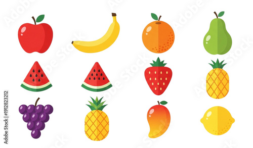 Colorful fresh fruit flat vector icon set