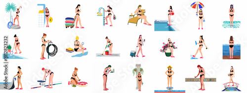 Diverse set of vector illustrations showing women in black bikinis performing various activities, including pool maintenance, sunbathing, recreation, and summer holiday tasks.