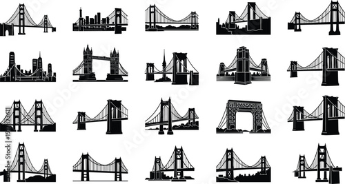 Black Bridge Silhouette Vector Collection with Famous Landmark Suspension and Golden Gate Bridges Isolated on White Background for City Travel Designs