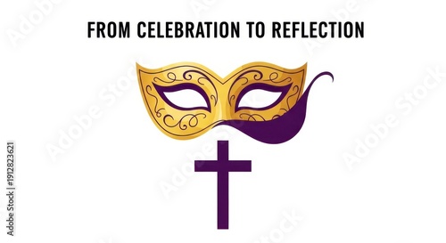 A golden masquerade mask with purple accents and a cross, symbolizing a transition from celebration to reflection.