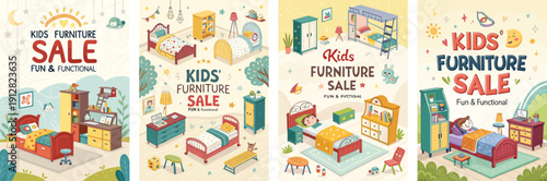 Colorful promotional posters for a kids' furniture sale featuring fun designs.