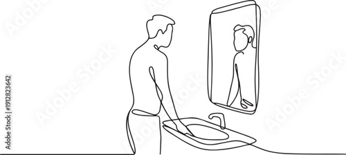continuous line of man looking in the mirror.one line drawing of man standing and looking in the mirror in the sink glass One Line Drawing Vector.