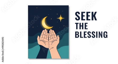 Hands reaching up to the crescent moon and star in the night sky, symbolizing seeking blessings.