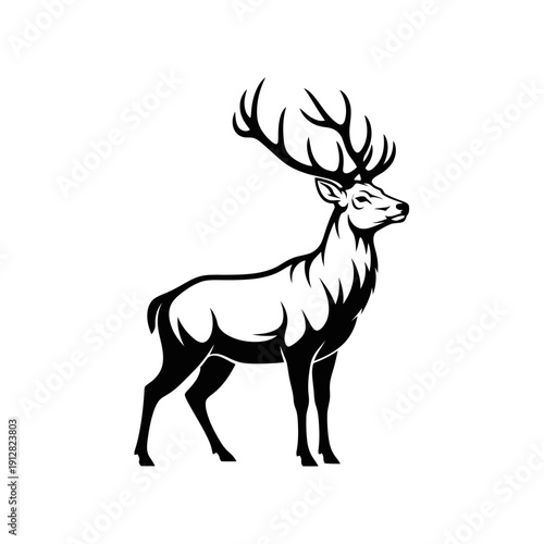 Majestic Stag Silhouette with Large Antlers, Deer Mascot Logo Illustration, Wild Forest Animal Vector for Outdoor Branding