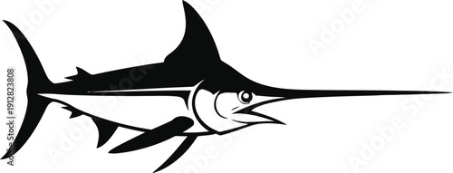 Black and white illustration of a marlin fish with long bill and dorsal fin, Whisk vector graphic design
