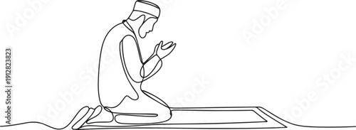 Muslim man sitting and praying one line art. Continuous line drawing of online Muslims, Islam, traditions, clothing, folk One Line Drawing Vector.