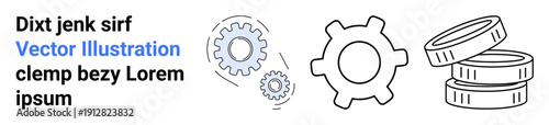 Business strategy, engineering tools, financial growth, technical design, process efficiency, abstract placeholders. Image includes gears, coins and placeholder text. Business strategy