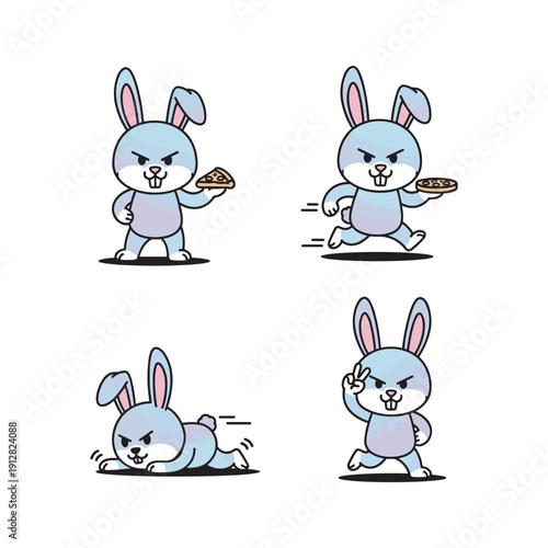 Angry cartoon rabbit with cookie in various action poses on white background