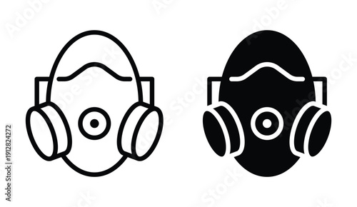 Black and White Outline of Gas Mask with Round Filter and Ear Covers
