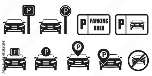 Parking Icons Collection Vector – Public Parking Location and No Car Parking Prohibited Sign Set
