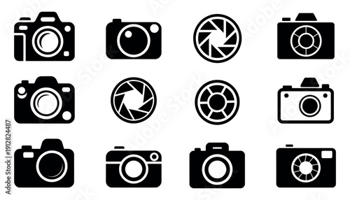Photography and Camera Icon Set featuring a comprehensive collection of DSLR bodies, camera lenses, tripods, and lighting equipment symbols, perfect for photography portfolio websites and studio brand