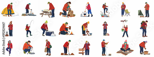 Essential Camping and Outdoor Activity Icons Collection: People engaged in hiking, setting up camp, cooking, and bushcraft skills.