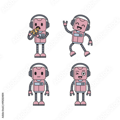Cartoon Robot Characters with Different Emotions and Headphones