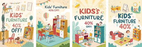 Colorful sale banners featuring kids' furniture, playful illustrations, and offers.