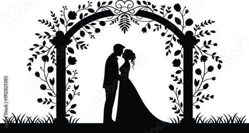 Silhouette of romantic couple under floral archway in wedding attire, symbolizing love, ceremony, and celebration in elegant black and white design.