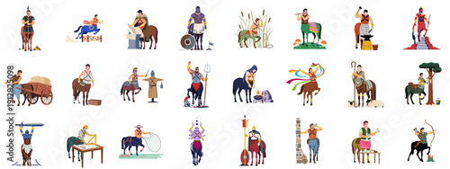 Diverse Centaur Characters Set: Mythology, Fantasy, and Ancient Life Roles including Warriors, Scholars, Artisans, and Mystical Figures.