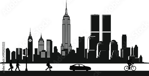 Silhouette of New York City skyline with Empire State Building, Twin Towers, pedestrians, bicycle, car, and urban street elements in black and white.
