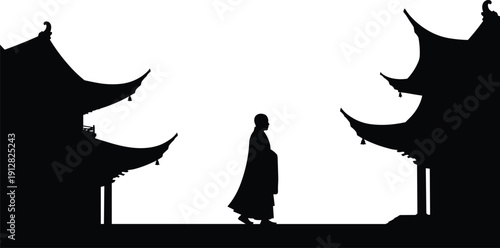 Silhouette of monk walking between traditional East Asian buildings with curved roofs, evoking cultural serenity, architectural elegance, and contemplative atmosphere in black and white.