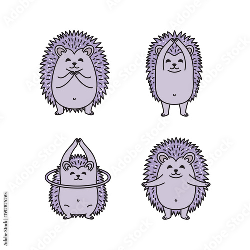 Cartoon hedgehogs in different yoga poses on white background with copy space
