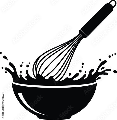 Silhouette of mixing bowl with whisk and splashes for baking, cooking, and culinary preparation design themes