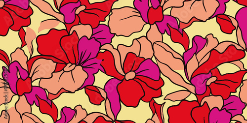Vibrant floral pattern featuring stylized flowers in shades of red, pink, and peach on a yellow background, viewed from directly above.