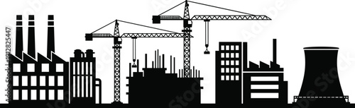 Silhouette of industrial cityscape with factories, cranes, and construction buildings, symbolizing urban development, infrastructure growth, manufacturing, and energy production in modern cities.
