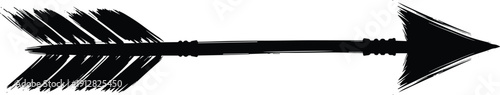 Silhouette of horizontal brushstroke arrow with feathered fletching and jagged tip for direction, design, and black vector illustration in graphic style