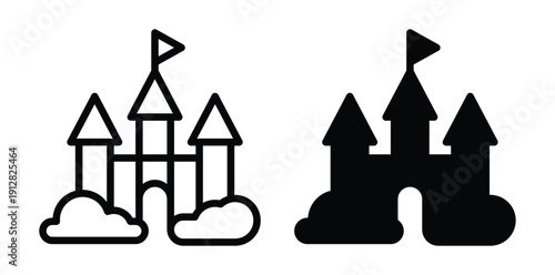 Stylized Castle Icons in Black and White with Cloud Elements