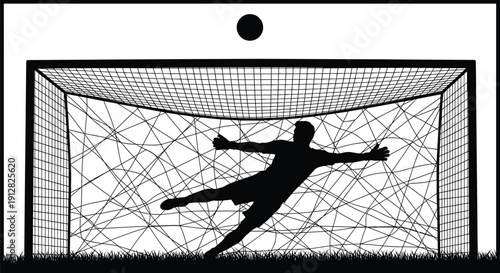 Silhouette of goalkeeper diving to block soccer ball in front of goal net, capturing athletic action, timing, and dynamic moment in football match.