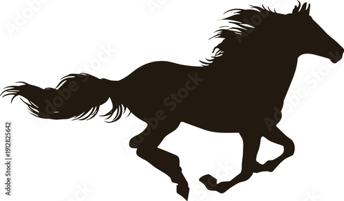 Silhouette of galloping horse with flowing mane and tail representing speed, motion, and strength for design and illustration themes