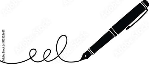 Silhouette of fountain pen creating elegant looping line for writing, creativity, and artistic expression themes in design and illustration