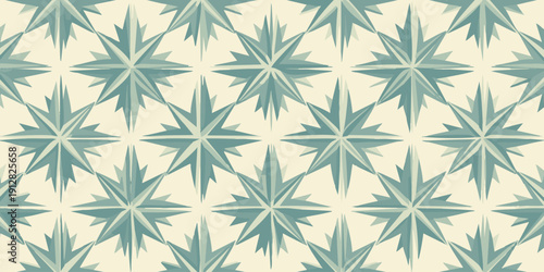 A seamless pattern of teal star-shaped designs on a cream-colored background viewed from directly above