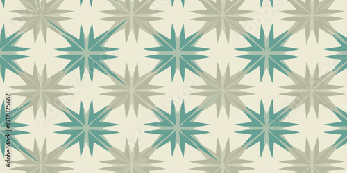 A repeating pattern of star-shaped designs in various shades of teal and gray, creating a visually appealing graphic illustration