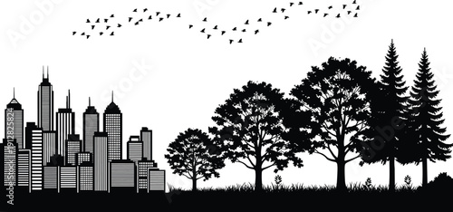 Silhouette of cityscape and forest divided in contrast, symbolizing urban development versus nature, environmental balance, and coexistence between human-made and natural worlds.