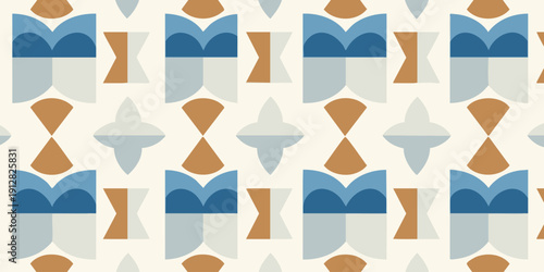 Geometric pattern featuring abstract shapes in blue and brown hues on a neutral background viewed from directly above