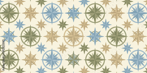 A seamless pattern of various star shapes in different colors and sizes on a cream background from a top-down viewpoint