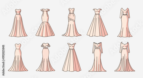 Elegant bridal wedding dress collection in different styles line art vector