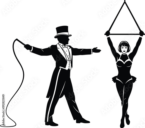 Silhouette of circus ringmaster and trapeze artist in dynamic performance pose, showcasing theatrical entertainment, acrobatics, and vintage circus atmosphere in black and white.