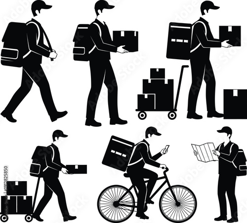 Courier Transport And Delivery Worker Silhouette Set