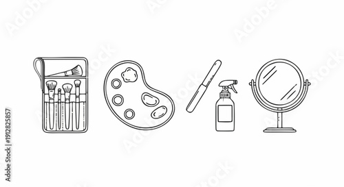Professional Makeup Artist Kit and Accessories - Minimalist Beauty Line Art Illustration