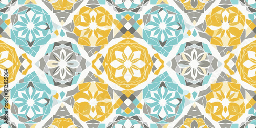 Geometric pattern featuring floral motifs in yellow, blue, and gray hues, arranged in a seamless repeating design from a top-down viewpoint