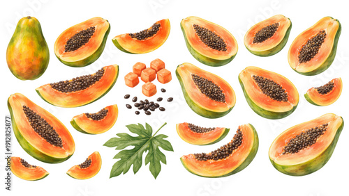 A charming watercolor collection of ripe papayas, including whole tropical fruits, halved papayas filled with glossy black seeds, and fresh green leaves with soft blended watercolor textures.