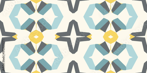 Symmetrical geometric pattern with blue, grey, and yellow shapes on a seamless repeat design viewed from directly above
