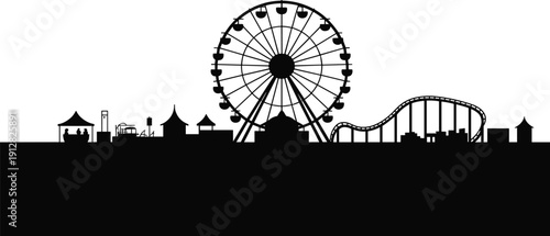 Silhouette of amusement park with Ferris wheel, roller coaster, tents, and rides, capturing festive atmosphere and entertainment in black and white design.