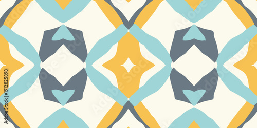 Geometric pattern featuring diamond shapes in shades of blue, yellow, and gray on a seamless background viewed from directly above