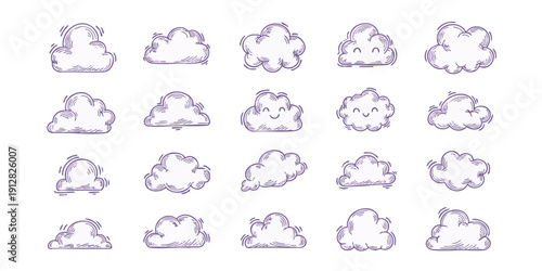 Collection of various cloud shapes illustrated in a grid pattern on a simple background