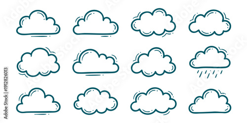 Collection of various cloud illustrations showcasing different weather conditions and styles from a straightforward viewpoint.