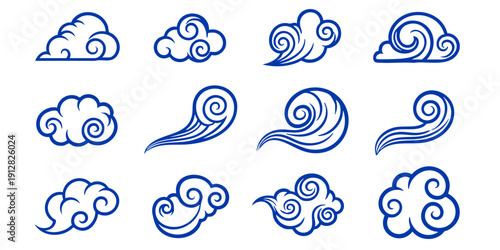 Collection of stylized cloud and wind illustrations in blue on a clean background from a straightforward viewpoint